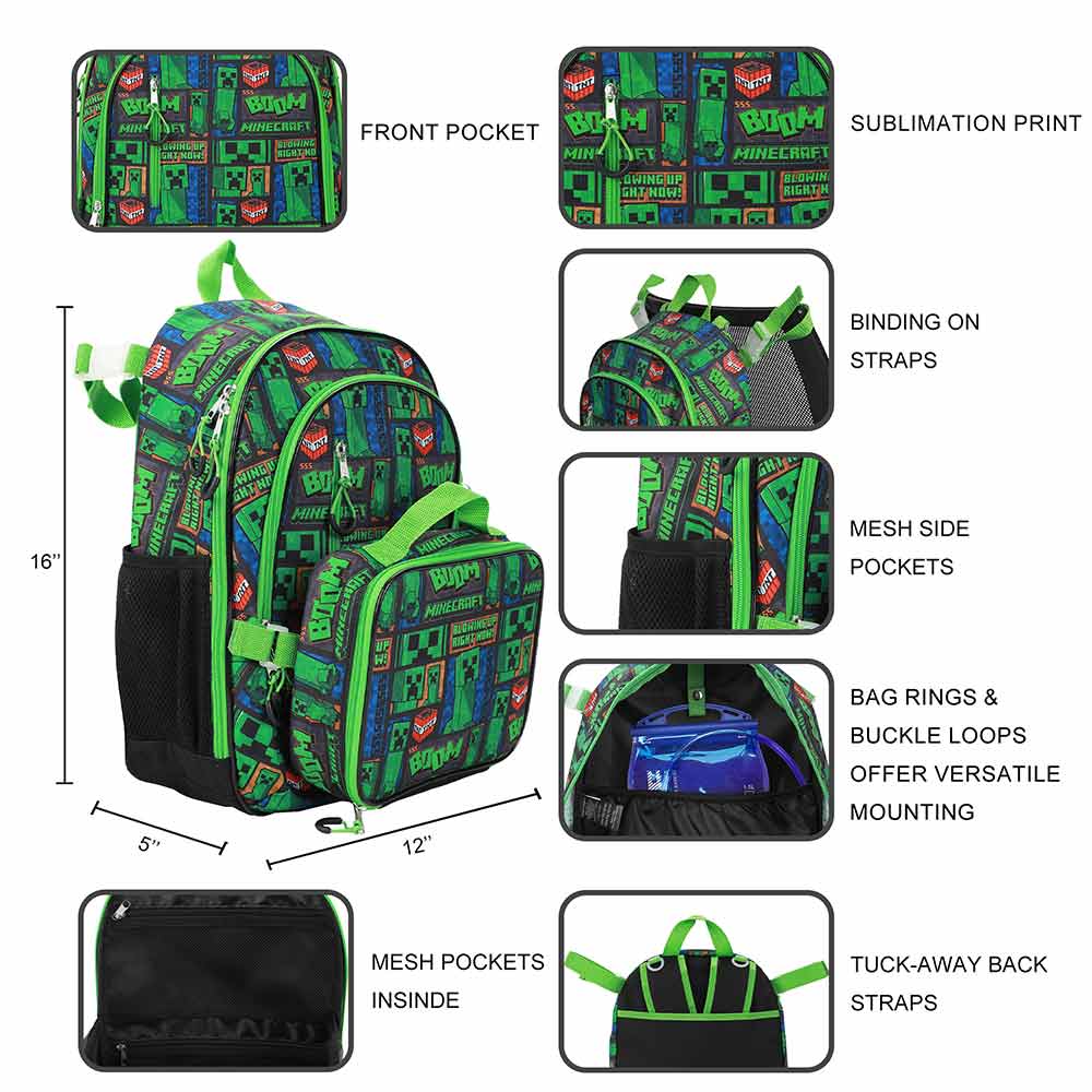 Minecraft Creeper Youth 5 pc Adaptive Backpack Set