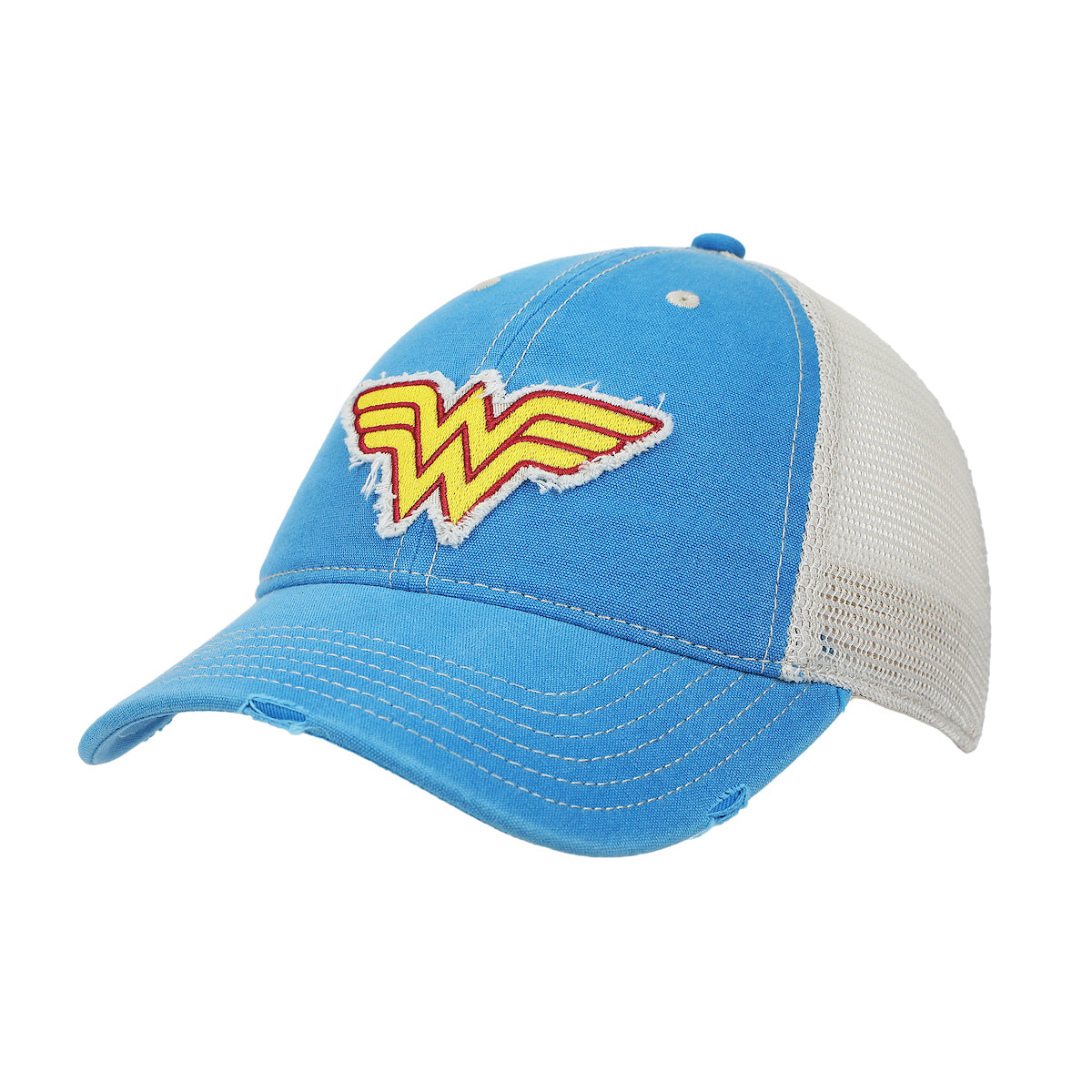 Wonder Woman Logo Women's Blue Washed Distressed Cut Fabric Unstructured Baseball Cap