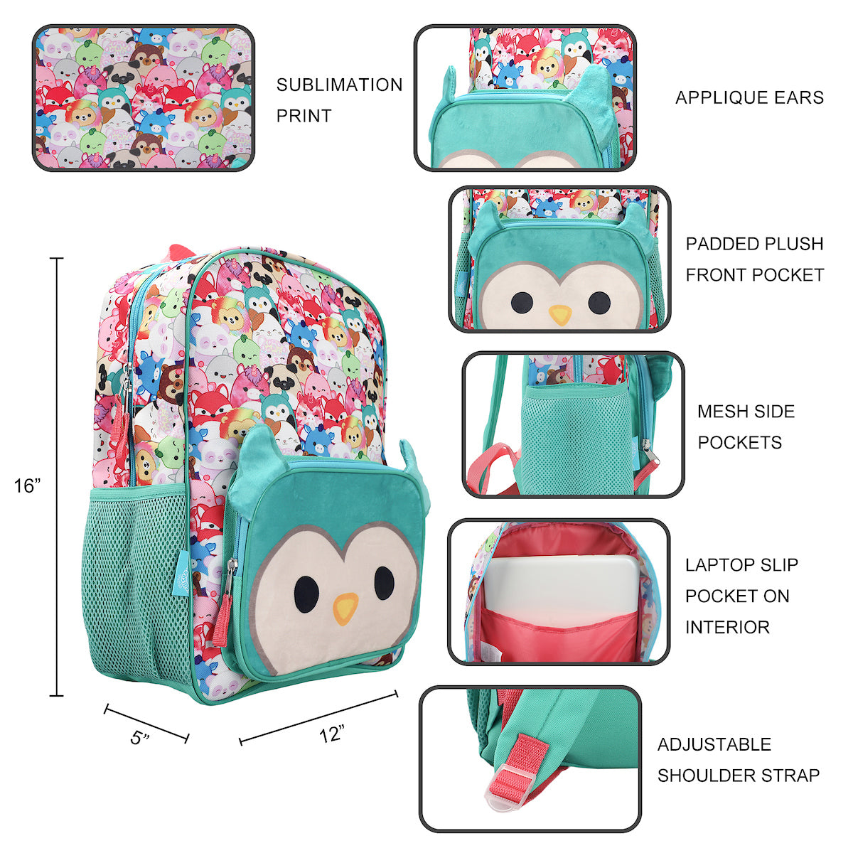 Squishmallows Winston The Owl Plush Pocket Youth Backpack