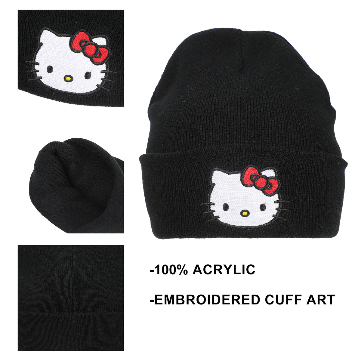 Hello Kitty Embroidered Cuff Beanie - Black