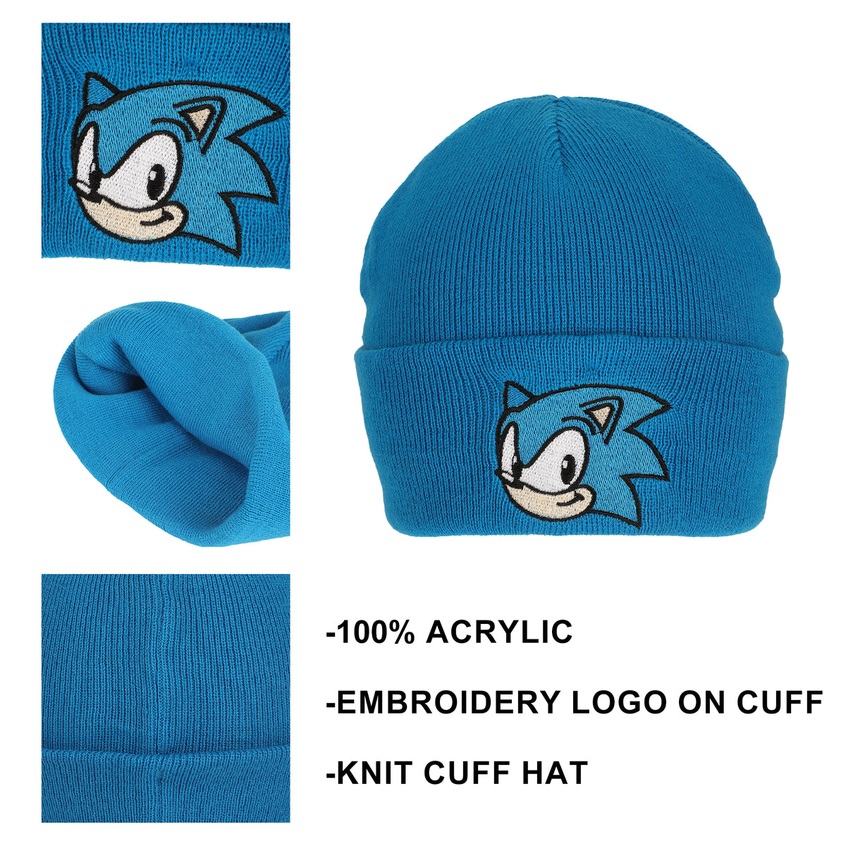 Sonic The Hedgehog Embroidery Acrylic Knit Standard Cuff Beanie