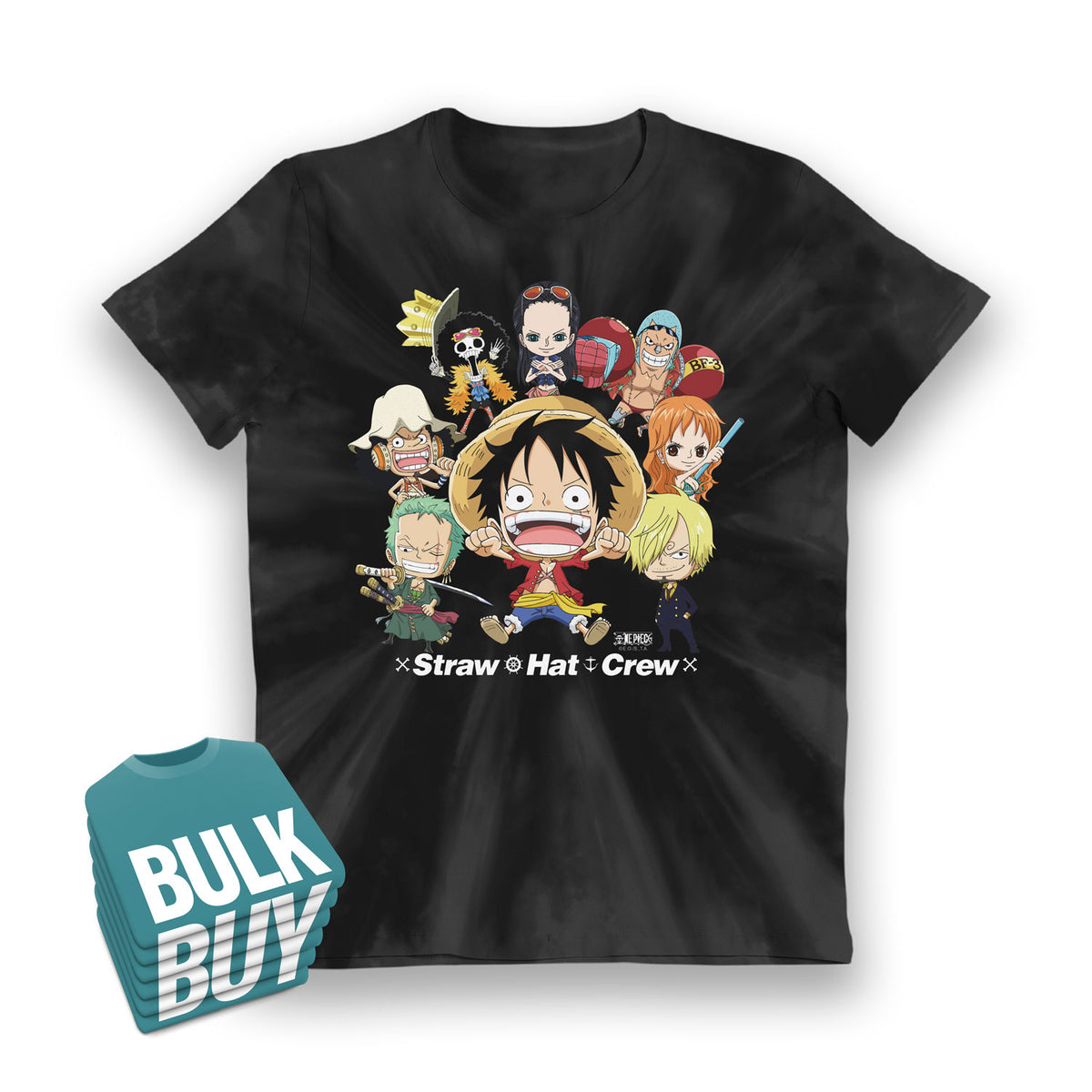 One Piece Straw Hat Crew Kids Black Tie Dye T-Shirt - Bulk Buy