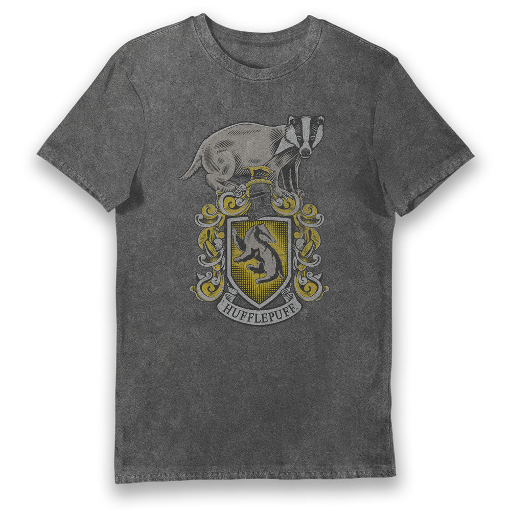 Harry Potter Hufflepuff House Crest Grey Vintage Style Adults T-Shirt