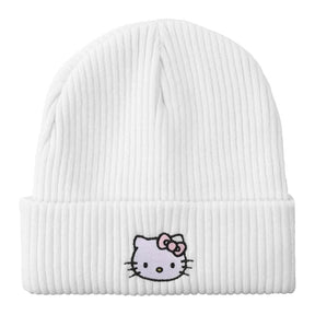 Hello Kitty Embroidered Cuff Beanie - White Ribbed Knit