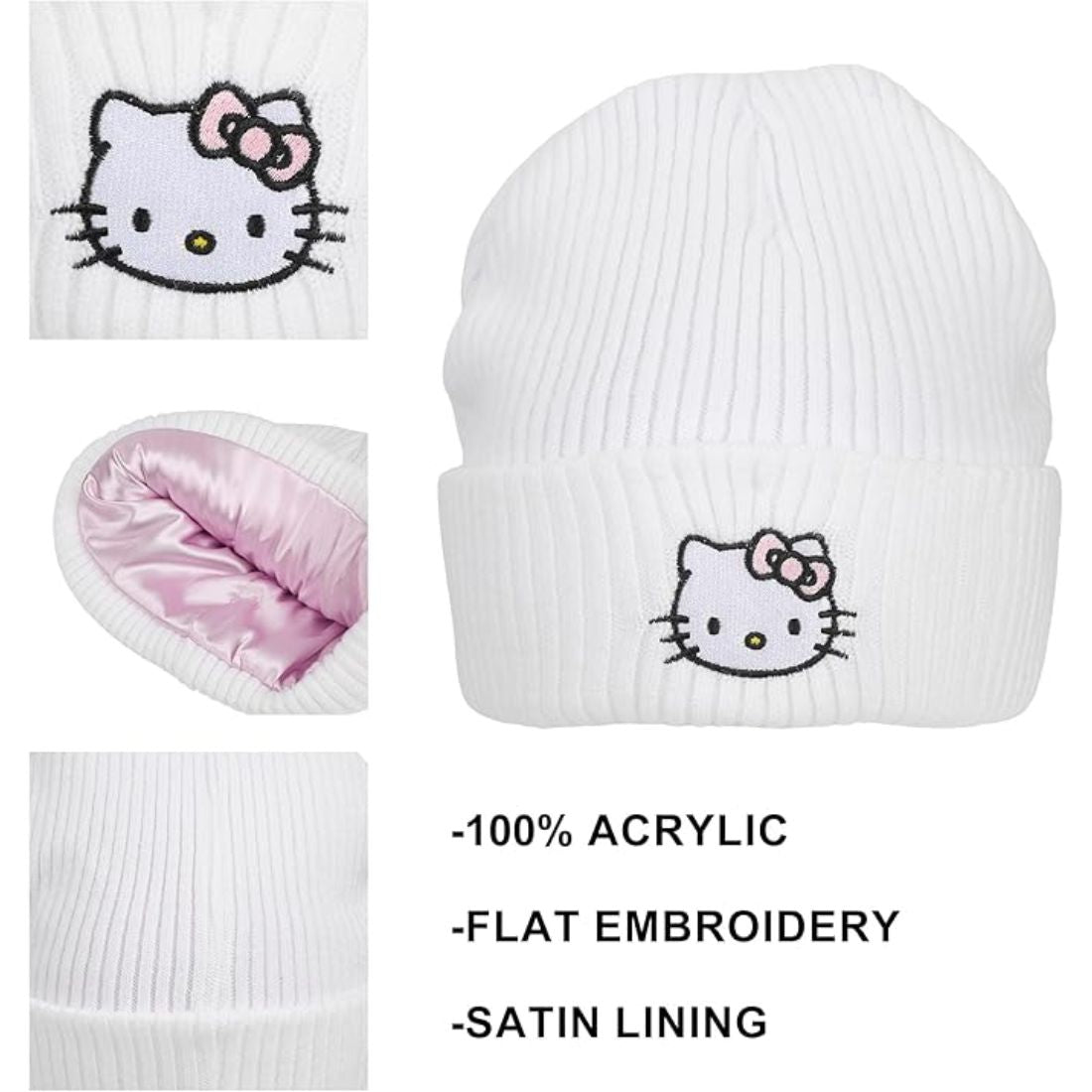 Hello Kitty Embroidered Cuff Beanie - White Ribbed Knit