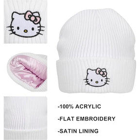 Hello Kitty Embroidered Cuff Beanie - White Ribbed Knit