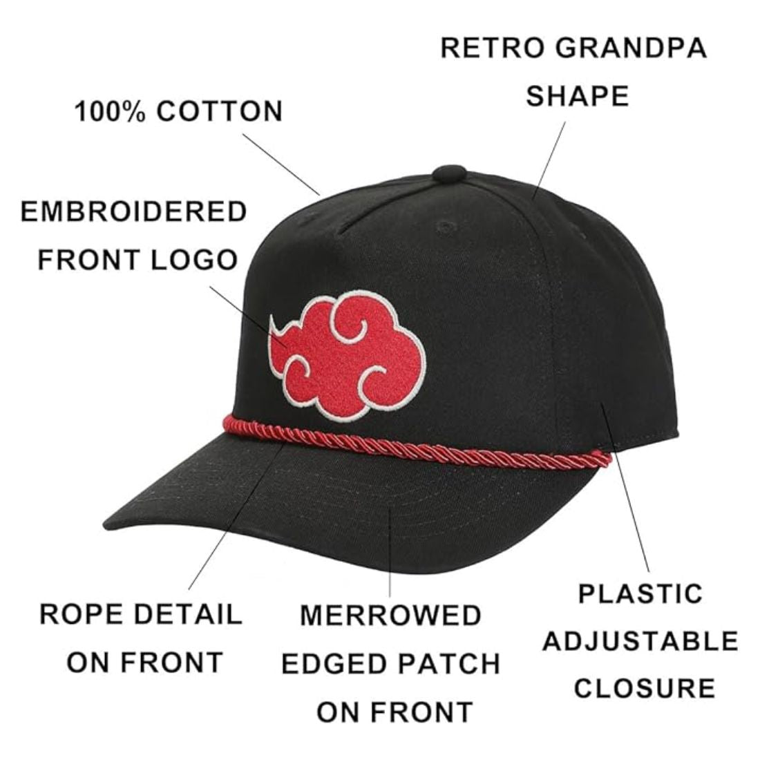 Naruto Embroidered Akatsuki Cloud Black Retro Grandpa Snapback Hat