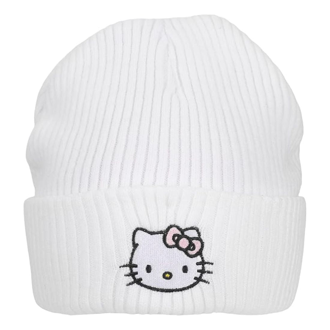 Hello Kitty Embroidered Cuff Beanie - White Ribbed Knit