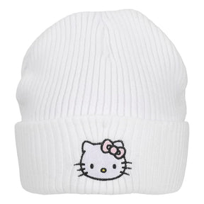 Hello Kitty Embroidered Cuff Beanie - White Ribbed Knit