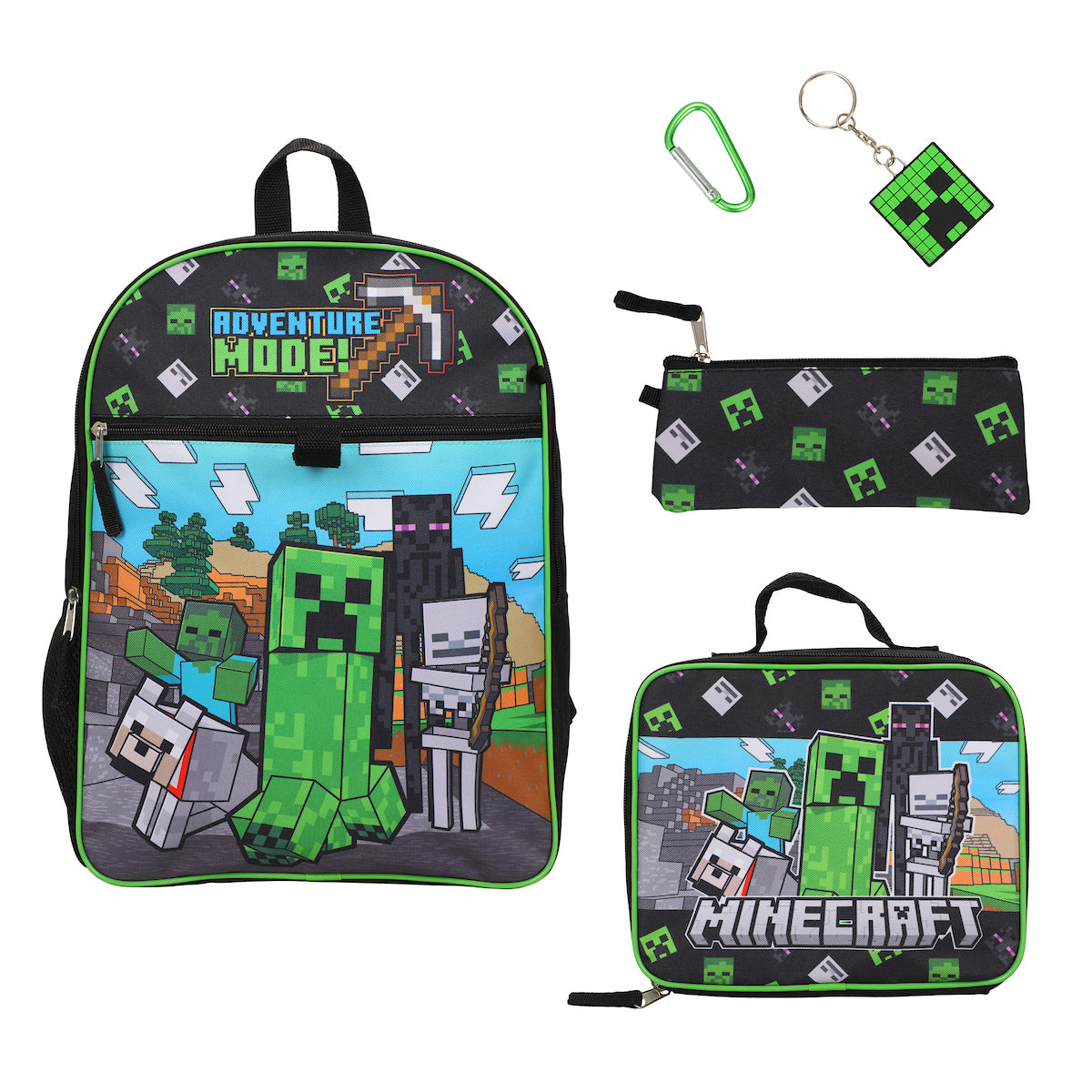 Minecraft 5-Piece Set: 16 Backpack, Lunchbox, Utility Case, Rubber Keychain, and Carabiner