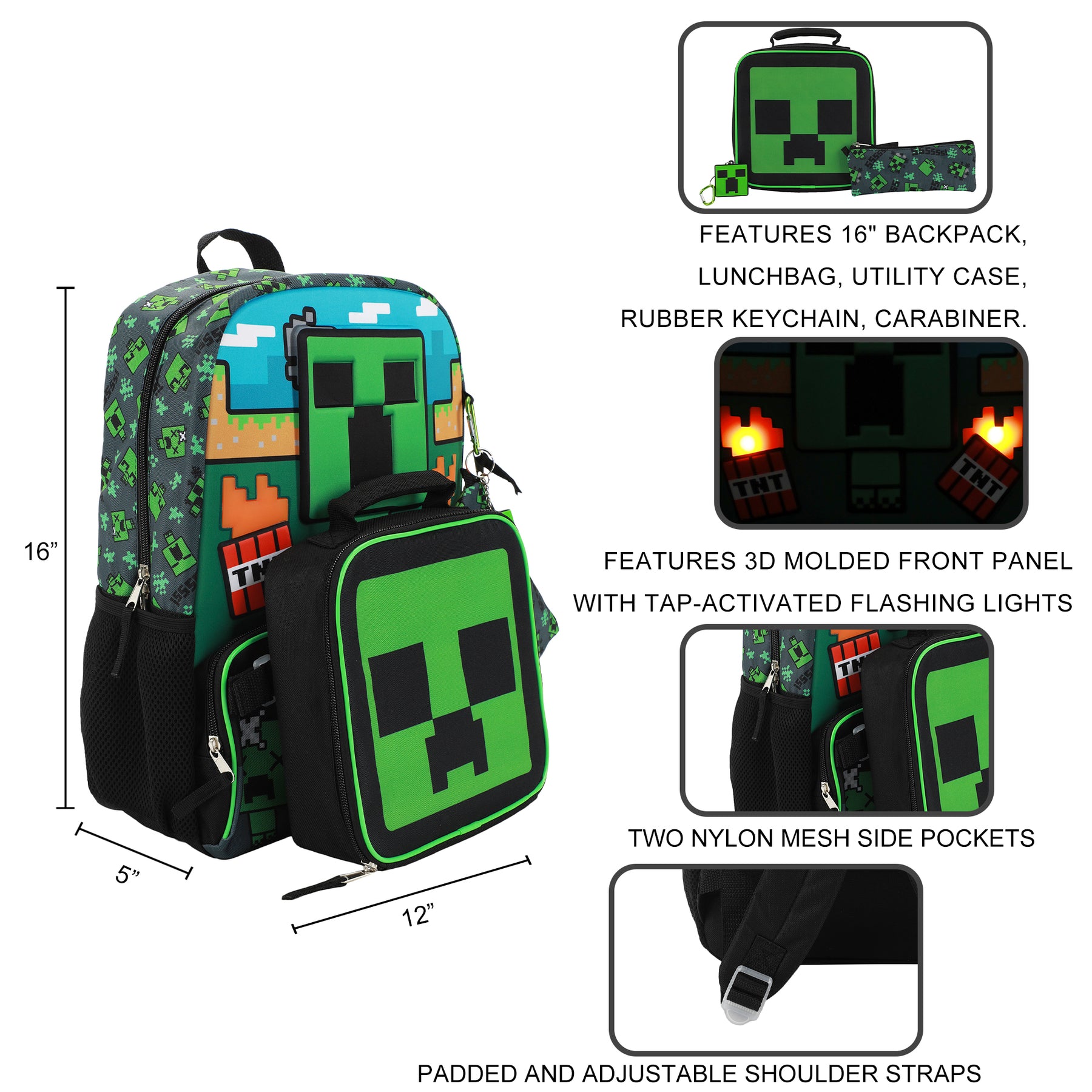 Minecraft Creeper 5 pc Youth Backpack Set