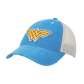 Wonder Woman Logo Women's Blue Washed Distressed Cut Fabric Unstructured Baseball Cap