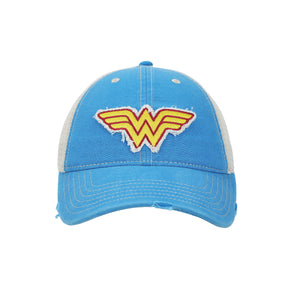 Wonder Woman Logo Women's Blue Washed Distressed Cut Fabric Unstructured Baseball Cap