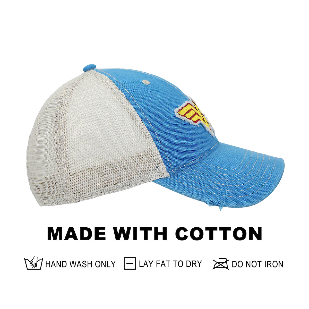 Wonder Woman Logo Women's Blue Washed Distressed Cut Fabric Unstructured Baseball Cap