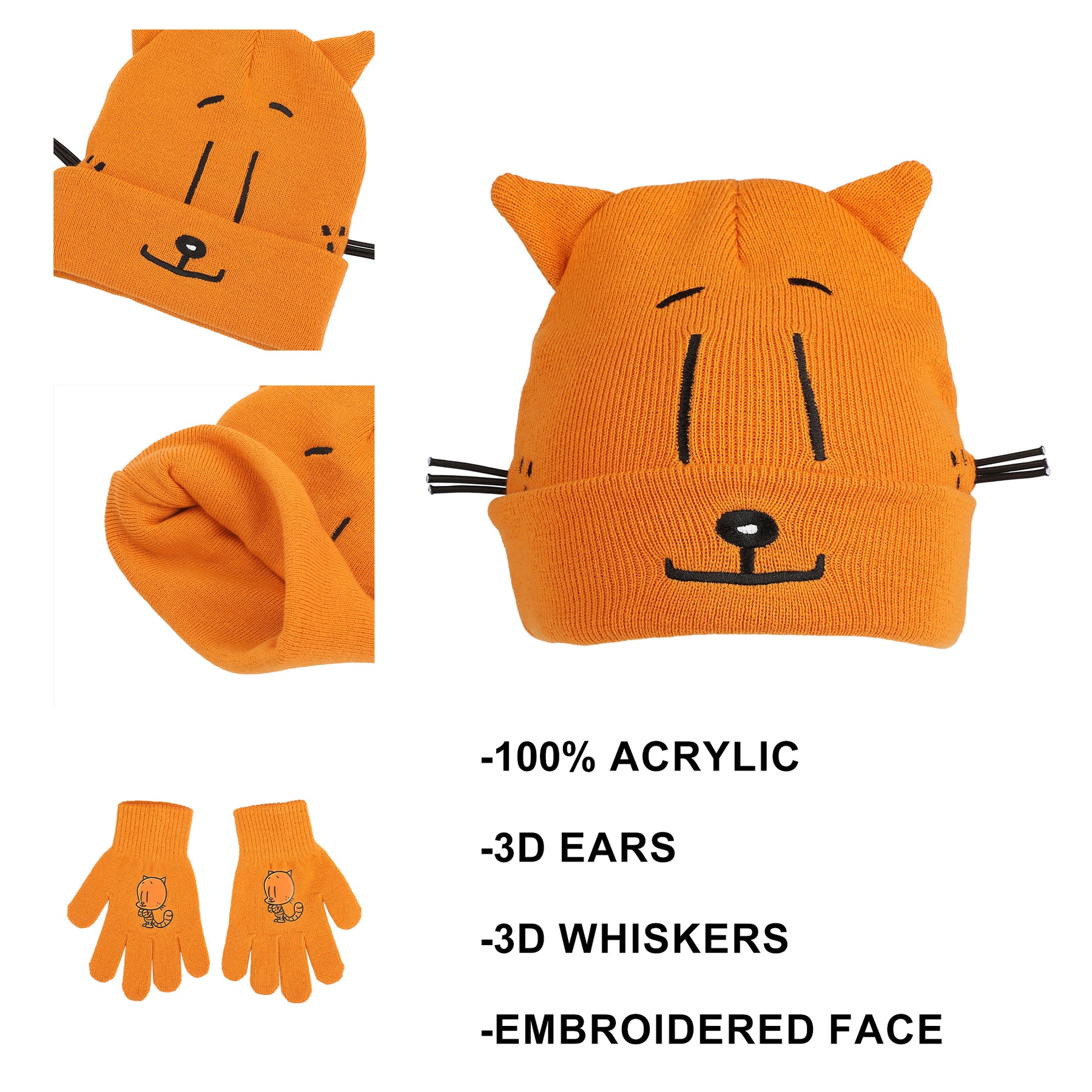 Dog Man Petey the Cat Youth Beanie & Gloves Set with 3D Ears & Whiskers