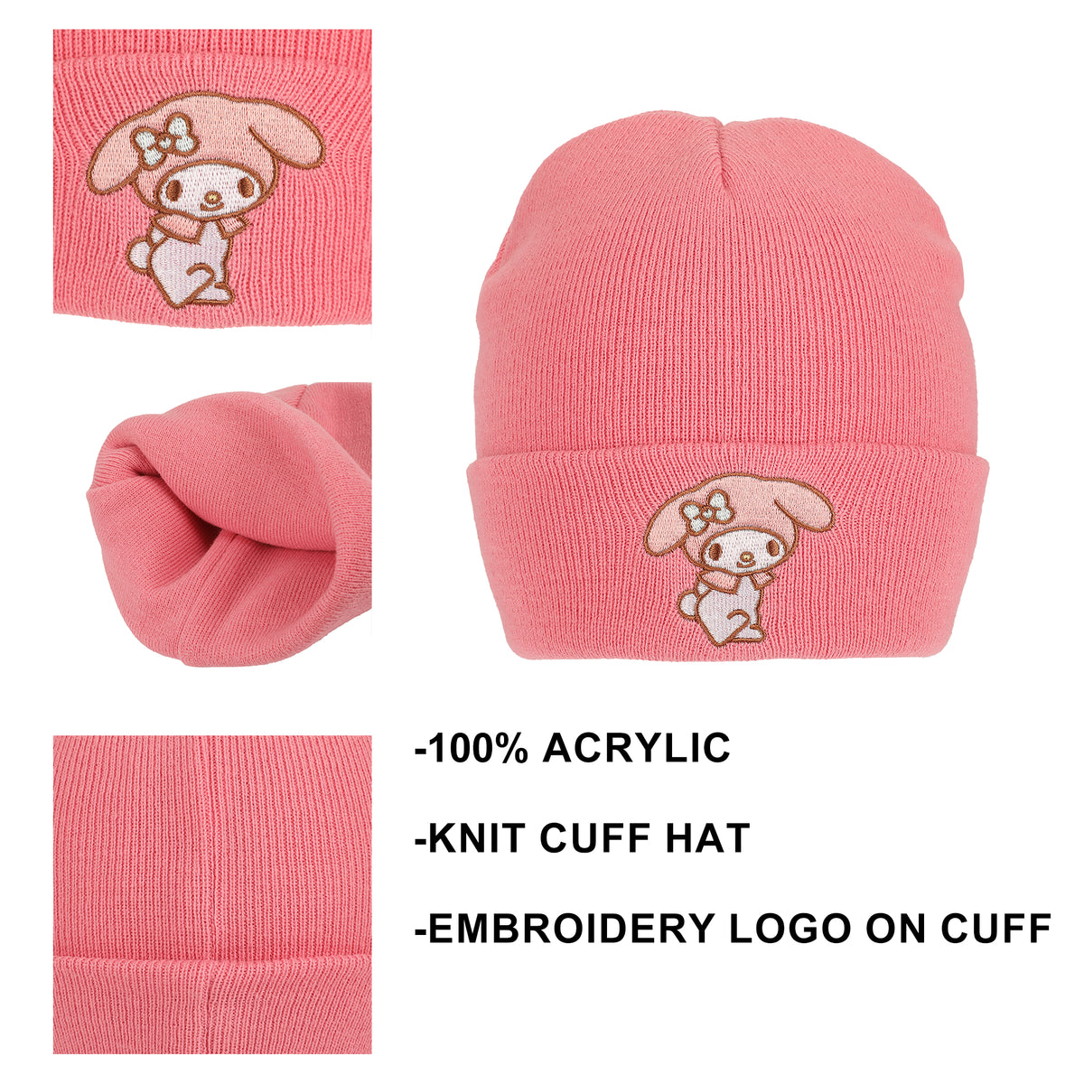 My Melody Embroidered Character Art Pink Cuff Beanie