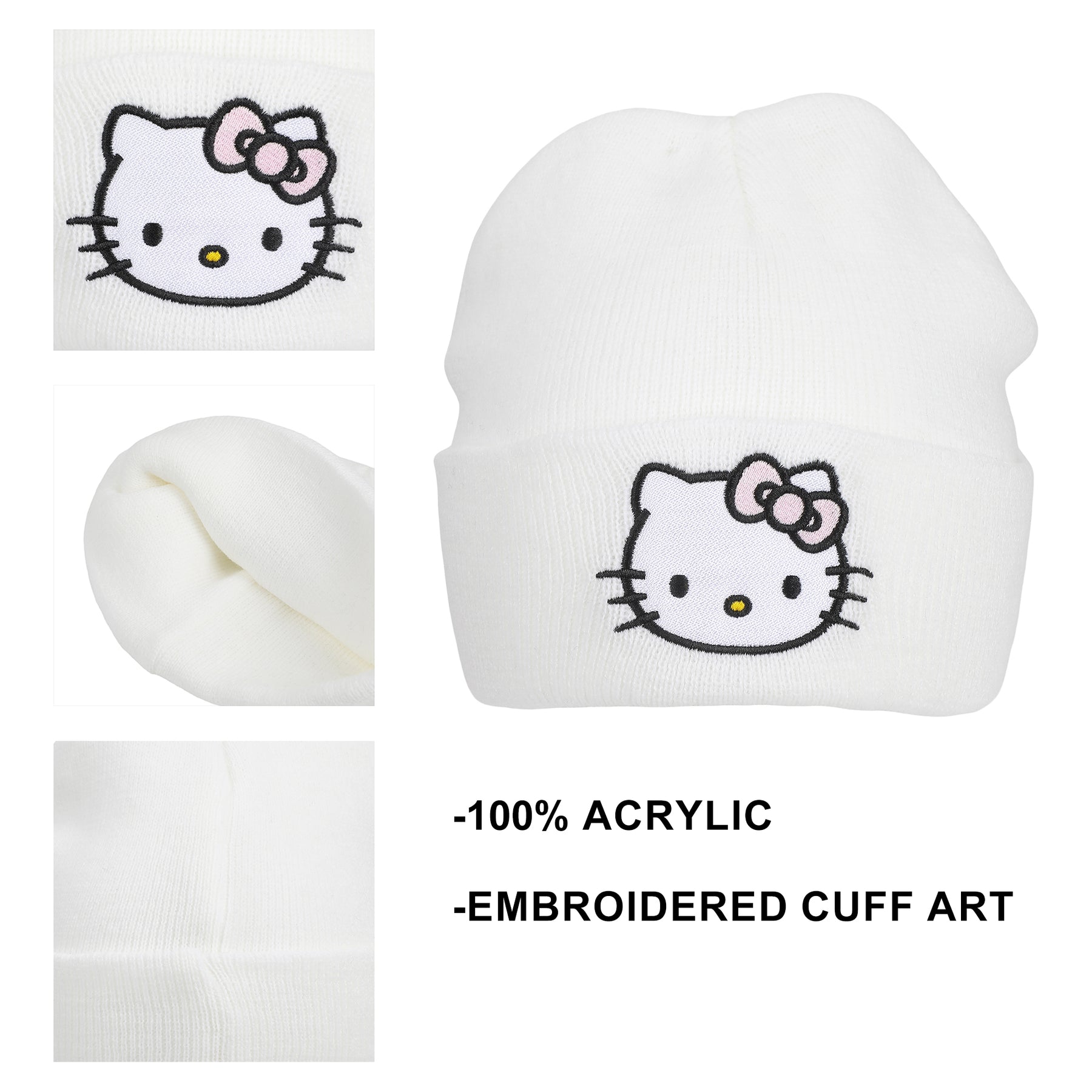 Hello Kitty Embroidered Cuff Beanie - White