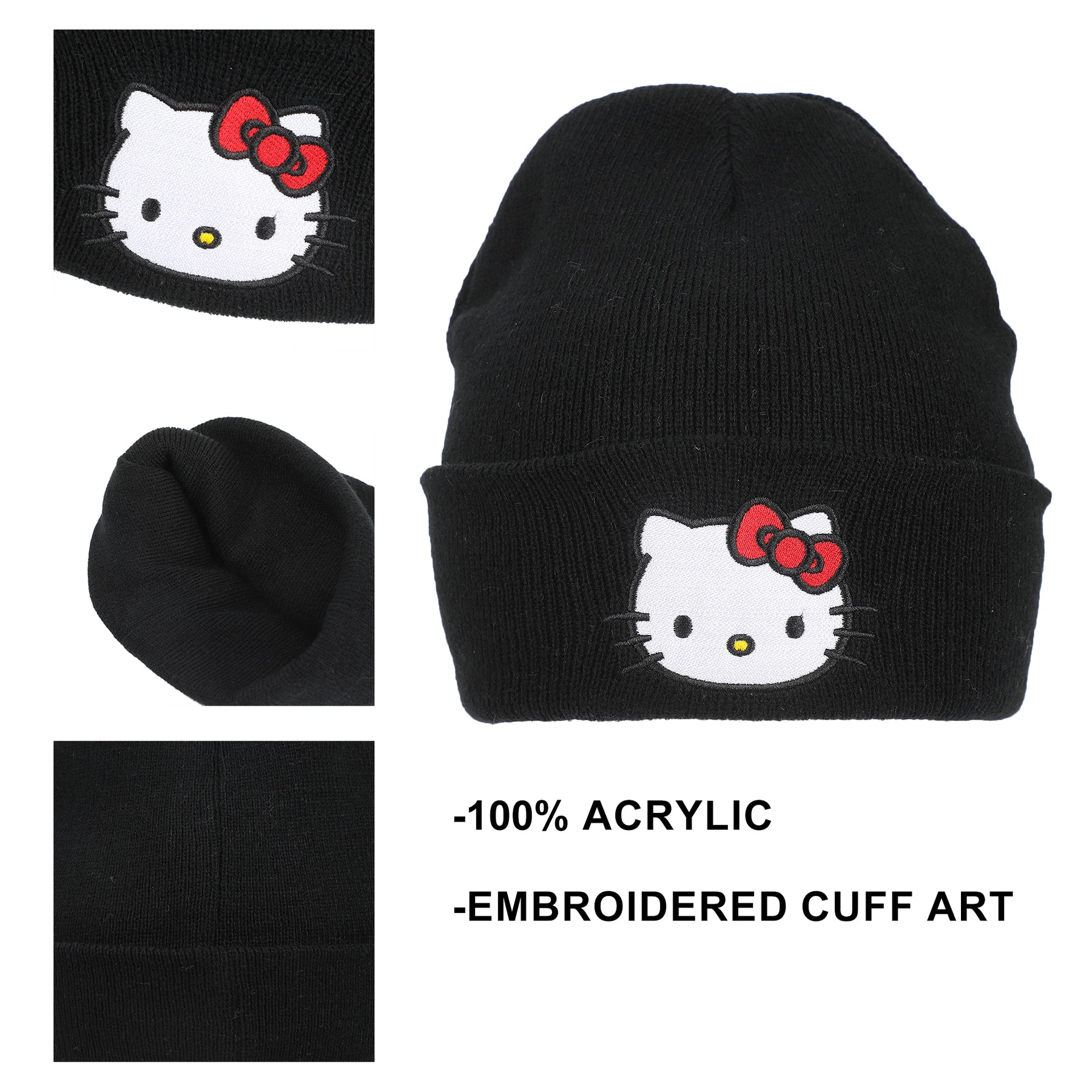 Hello Kitty Embroidered Cuff Beanie - Black