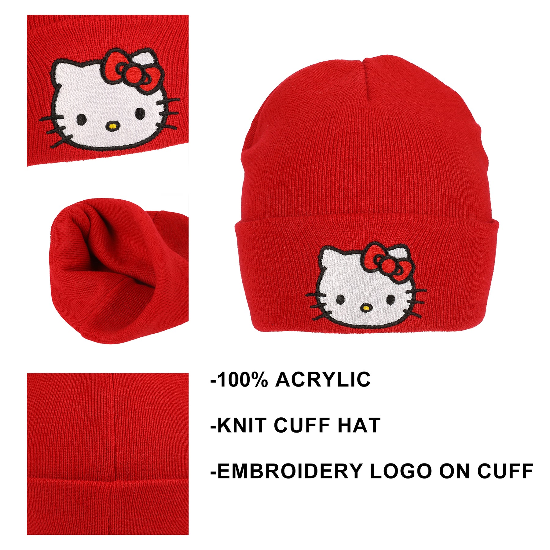 Hello Kitty Embroidered Cuff Beanie - Red