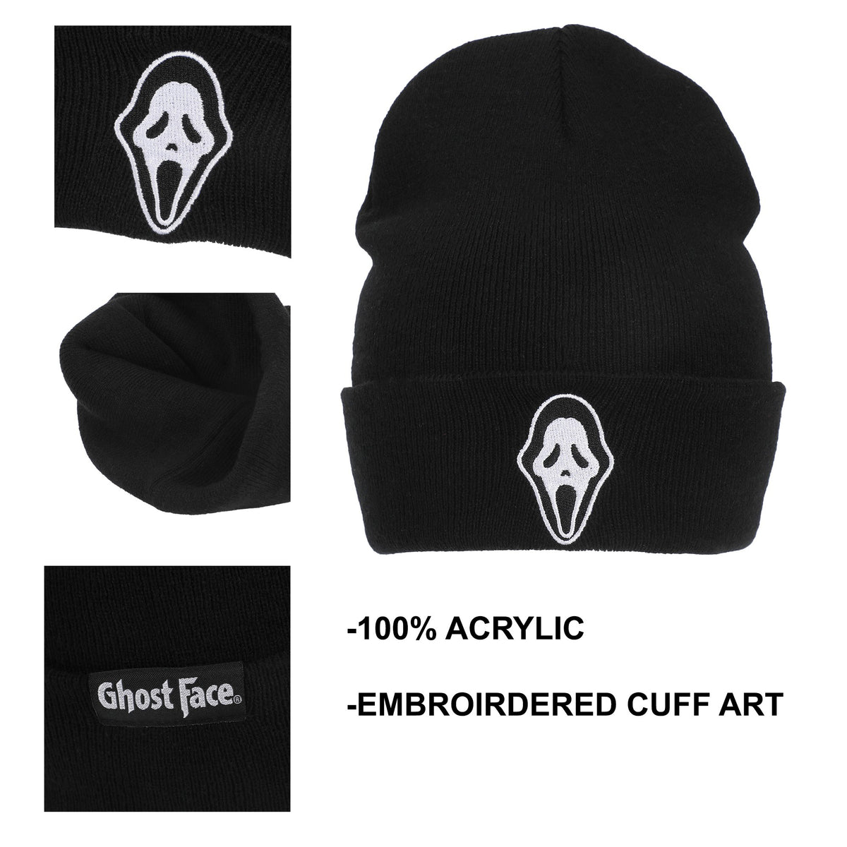 Ghostface Embroidered Face Logo On Black  Cuff Beanie