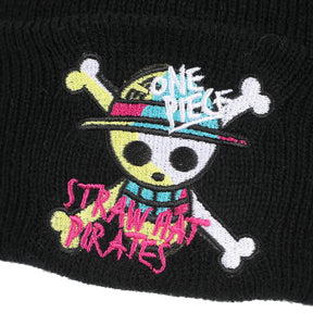 One Piece (Animated) Jolly Roger Pirate Cuff Embroidery On Ribbed Black Acrylic Knit Cuff Beanie