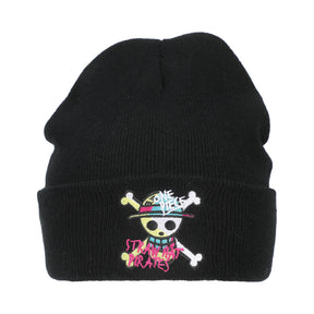 One Piece (Animated) Jolly Roger Pirate Cuff Embroidery On Ribbed Black Acrylic Knit Cuff Beanie