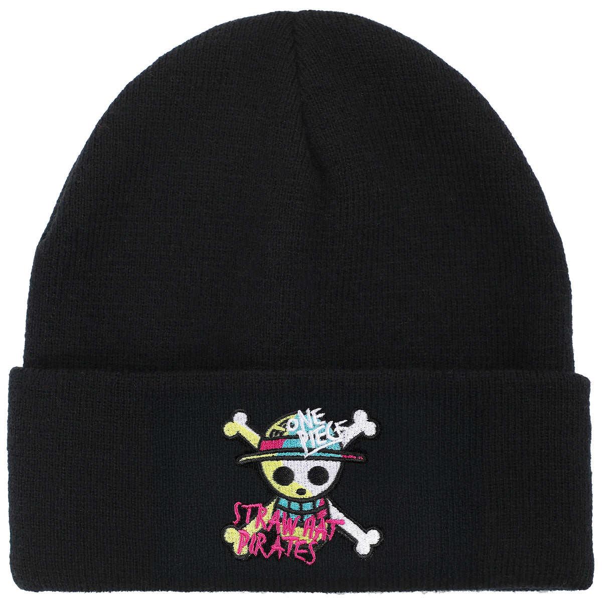 One Piece (Animated) Jolly Roger Pirate Cuff Embroidery On Ribbed Black Acrylic Knit Cuff Beanie
