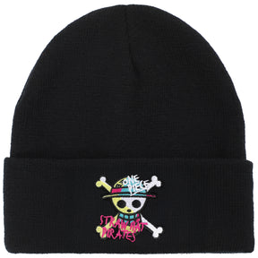 One Piece (Animated) Jolly Roger Pirate Cuff Embroidery On Ribbed Black Acrylic Knit Cuff Beanie