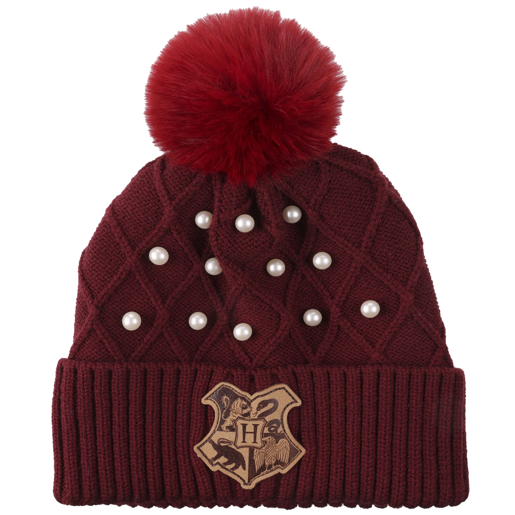 Harry Potter Hogwarts Crest & Pearl Appliques Maroon Cuff Beanie
