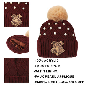 Harry Potter Hogwarts Crest & Pearl Appliques Maroon Cuff Beanie