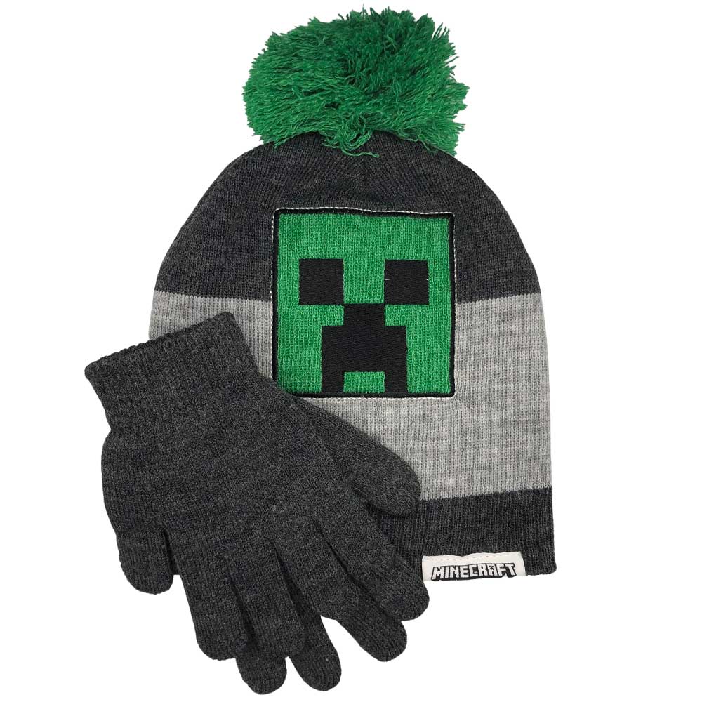 Minecraft Creeper Bobble Hat & Glove Set Kids Gaming Gift Idea Boys